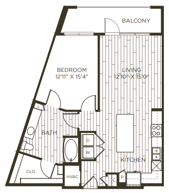1 bedroom 1 bathroom floor plan F at Station at Old Town, Texas, 75057